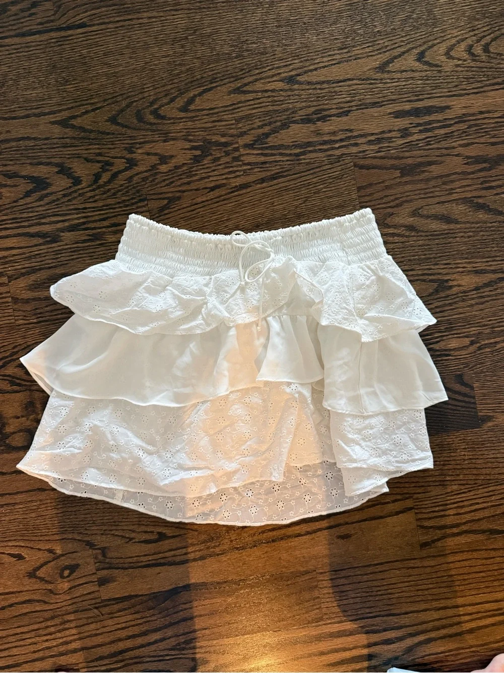 For Love & Lemons White Asymmetrical Eyelet Ruffle Mini Skirt